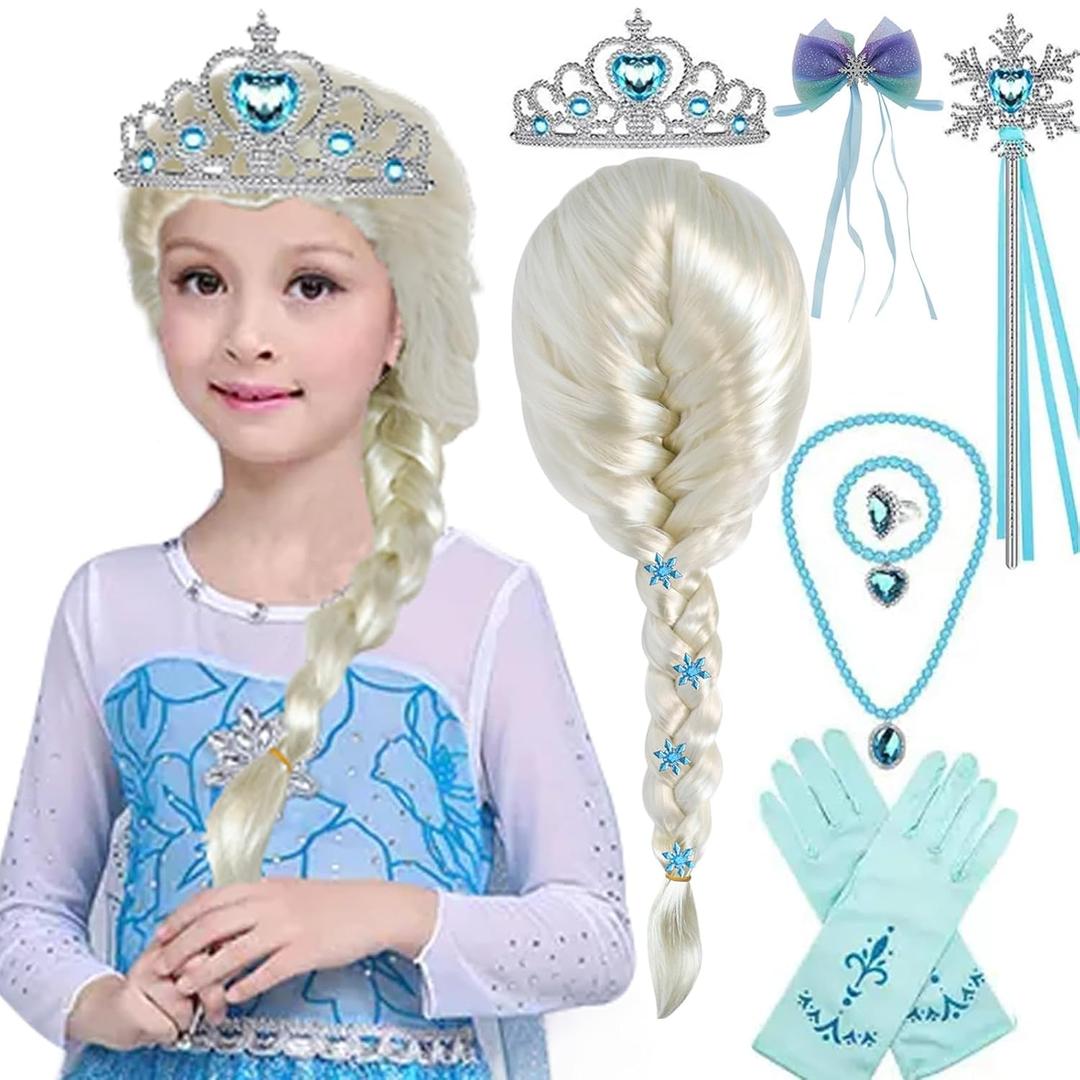 14 Pcs Set Elsa Cosplay Wig +Wand+Crown+Necklace+Ring+Bracelet+Gloves+Hairpin+Clips Long Blonde White Princess Braided Wig Blonde Pigtail Synthetic Wig for Halloween Costume Party + Wig Cap