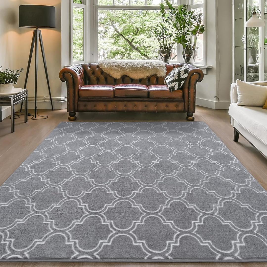 Amearea Fluffy Indoor Area Rug, Soft Trellis Moroccan Rugs for Bedroom, Shag Modern Area Rug for Living Room Kids Room Nursery, Easy Clean, Home Decor Low Pile Carpet, Light Gray 5x7 Feet