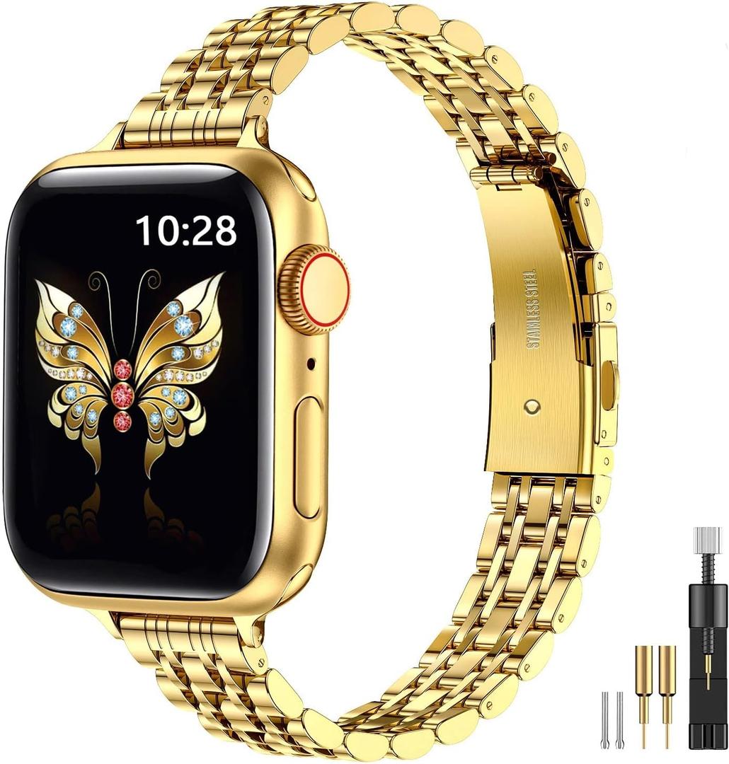 MioHHR Slim Metal Band Compatible with Apple Watch Band 42mm(Series 11 10) 41mm(Series 9 8 7) 40mm(Series 6 5 4 SE3/2/1) 38mm(Series 3 2 1),Stainless Steel iWatch Bands for Women,Gold