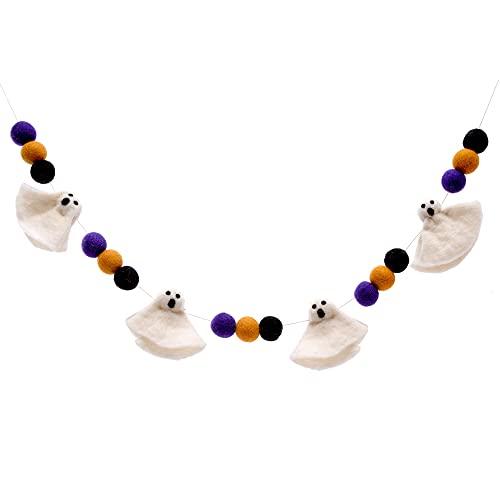 Glaciart One Felt Balls + Ghosts Garland - Easy to Hang Halloween Party Banner Decoration - 100% New Zealand Wool, Hand-Felted in Nepal - 5' Long, 15 Purple, Orange & Black Pom Poms, 4 Ghost Ornaments