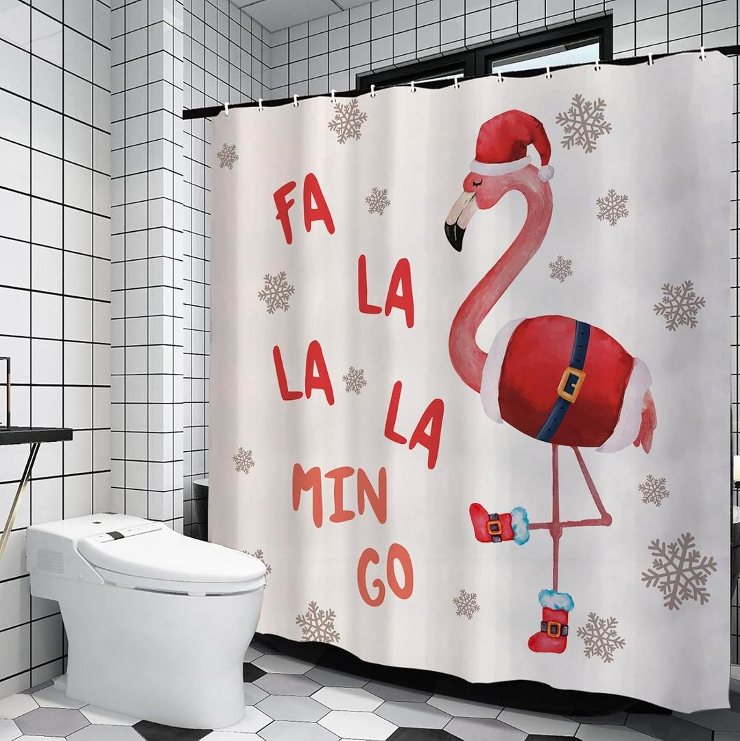 GPGHE Flamingo Christmas Decorations Funny Shower Curtain Flamingo Holiday Bath Curtain Decor with 12 Hooks 71x71 Inch