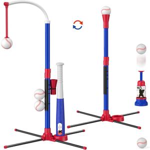 HYES 3-in-1 Baseball Set for Kids 3-5 - Tee Ball Stand, Hanging Tee, Ball Launcher and 6 Softballs - Adjustable Height, Indoor/Outdoor Sport Gifts for Boys Girls, Blue