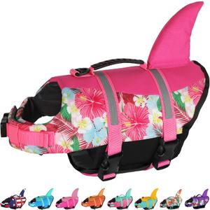 Dogcheer Dog Life Jacket Shark, Hawaiian Style Dog Life Vest for Swimming Boating with Superior Buoyancy and Rescue Handle, Reflective Pet Swim Vest for Dogs - Flower Pink, L