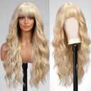 Light Blonde Wigs with Bangs,613 Blonde mixed Long Wavy Wig for Women,Long Curly Synthetic Hair Wig for Party Daily Use 26IN