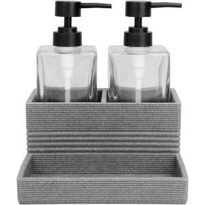 3 Piece Glass Soap Dispenser Set with Resin Storage Caddy, for Bathroom, Bedroom, Home, Office, Lotion Pump with Rustproof Pumps, Large Capacity Heavy Bottles, Trinket Tray for Jewlery