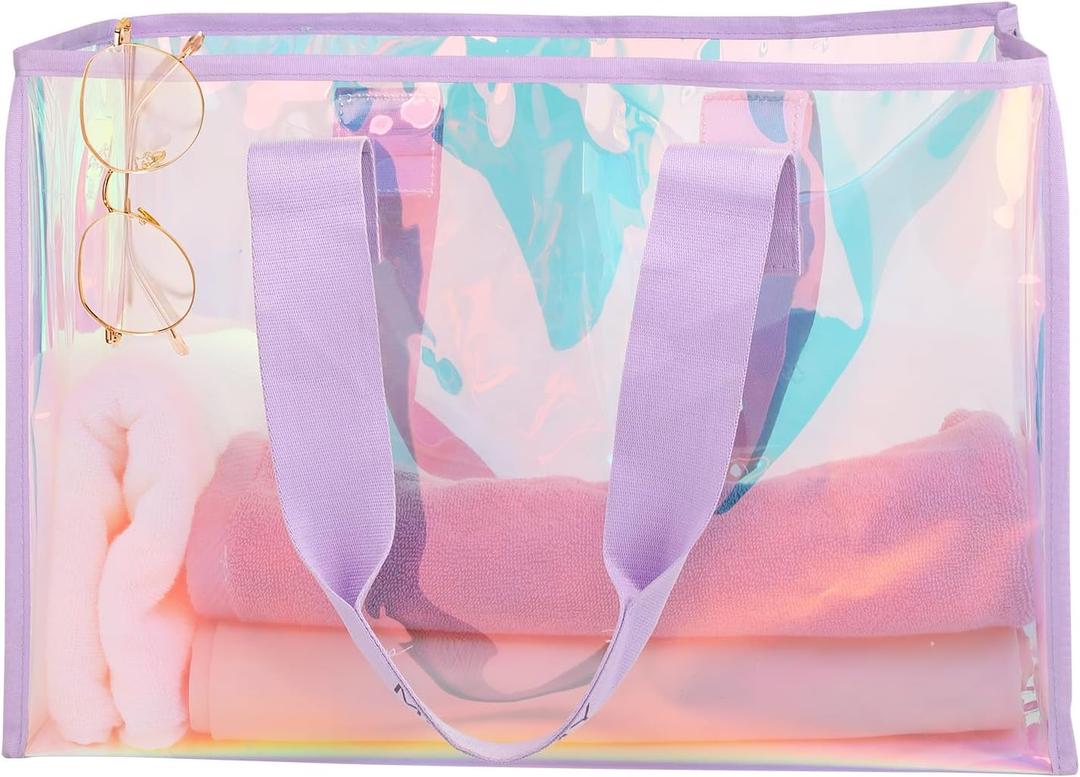 Motomy Iridescent Beach Bag for Women, 26L Clear Tote Bag, Summer Waterproof Sandproof Holographic Bag for Gyms, Pools, Beaches and Travel Large Jelly Tote Bag for Phone, Cosmetics, Clothes