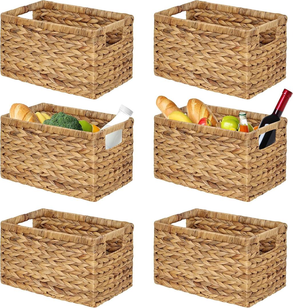 BARIEN Set of 6 Natural Water Hyacinth Woven Storage Baskets 12.6 x 8 x 7, Rectangular Wicker Basket with Built-in Handles, Medium (Natural - Set of 6)