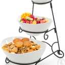 3 Tiered Serving Bowl Set, Ceramic Oval Serving Dishes with Collapsible Metal Rack, Chip and Dip Serving Set for Parties Entertaining, Appetizer Serving Platters for Fruit Dessert