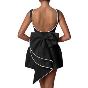 Mini Pearl Cocktail Dress with Bow Satin Evening Dress Backless Bodycon Formal Party Gowns AD045 (6, Black)