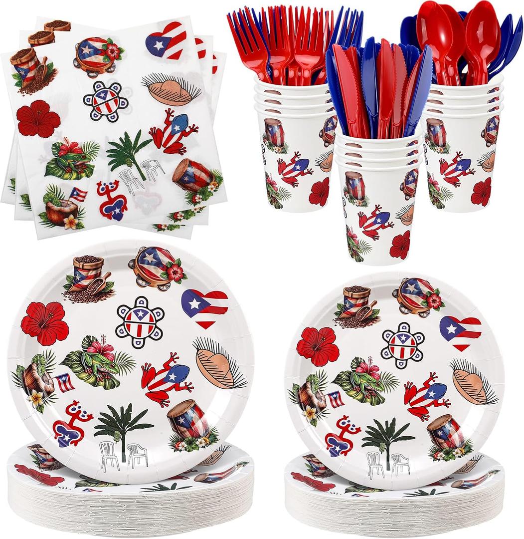 FoldTier 350 Pcs Puerto Rico Party Supplies Disposable Paper Plates Napkins Cups Puerto Rico Theme Birthday Party Decorations Tableware Flag Frog for Holiday Festival Family Friends Serve 50 Guests