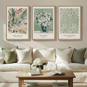 Large Framed William Morris Wall Art for Living Room, Set of 3 Vintage Sage Green Botanical Canvas Prints, Van Gogh Floral Plant Artwork for Bedroom, Hallway, or Home Office Decor, 24x36 Inch, 24"W x 36" H x 3Pcs