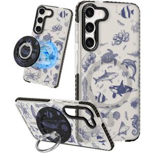 for Samsung Galaxy S23 Case for Women - Girls Cute Design Compatible with Magsafe Magnetic Ring Holder Stand Sea Fish Phone Covers Aesthetic Girly TPU Funda for S23