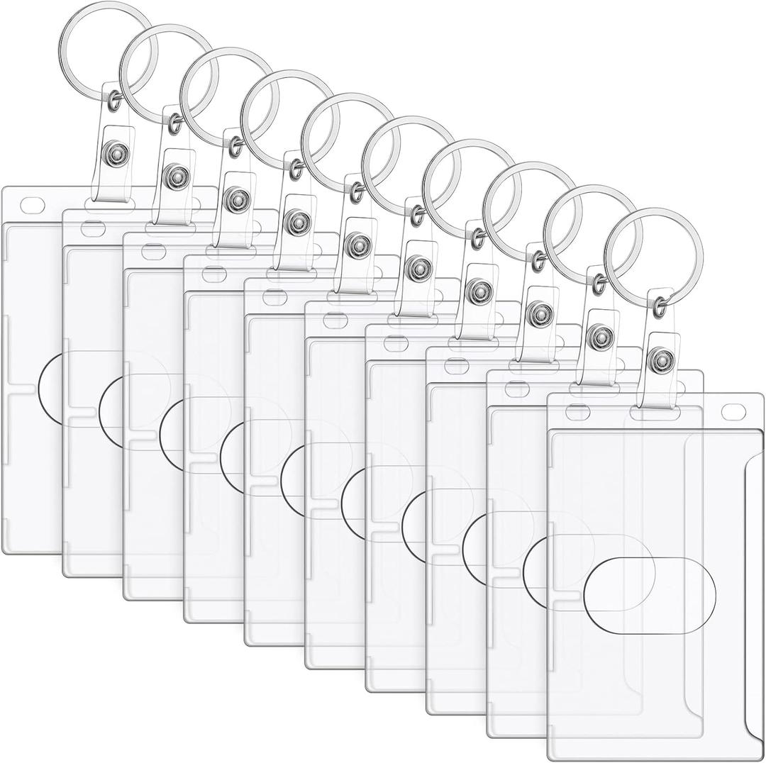 Marspark 10 Pack Keychain Card Holder Plastic Heavy Duty Badge Holder Vertical Clear ID Card Holder with Keyring, Rigid Fuel Card Protector with Thumb Slot Secure Credit Card Protector Case