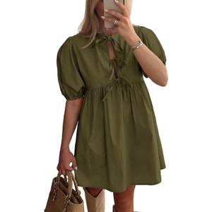 PRETTYGARDEN Womens 2025 Summer Casual Short Sleeve Dresses A Line Bow Tie Front Babydoll Loose Cute Mini Dress with Pockets (Green, S)