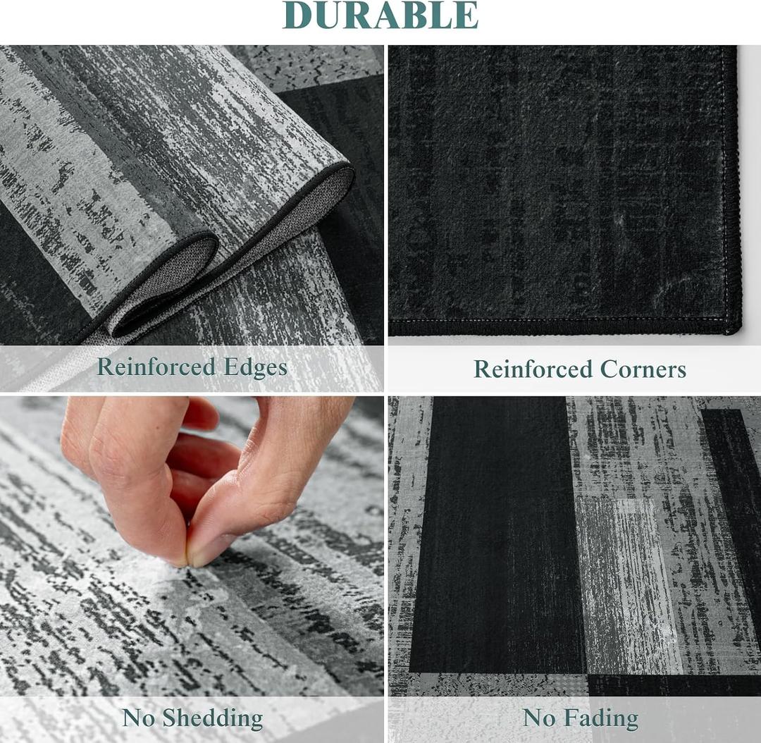 LIANLAM 10x14 Washable Area Rugs for Living Room and Bedroom, Vintage Checkered Pattern Non-Slip Carpet, Stain Resistant Low Pile Soft Rug for Dining Room, Office, Nursery, Kids Room(10x14, Gray)