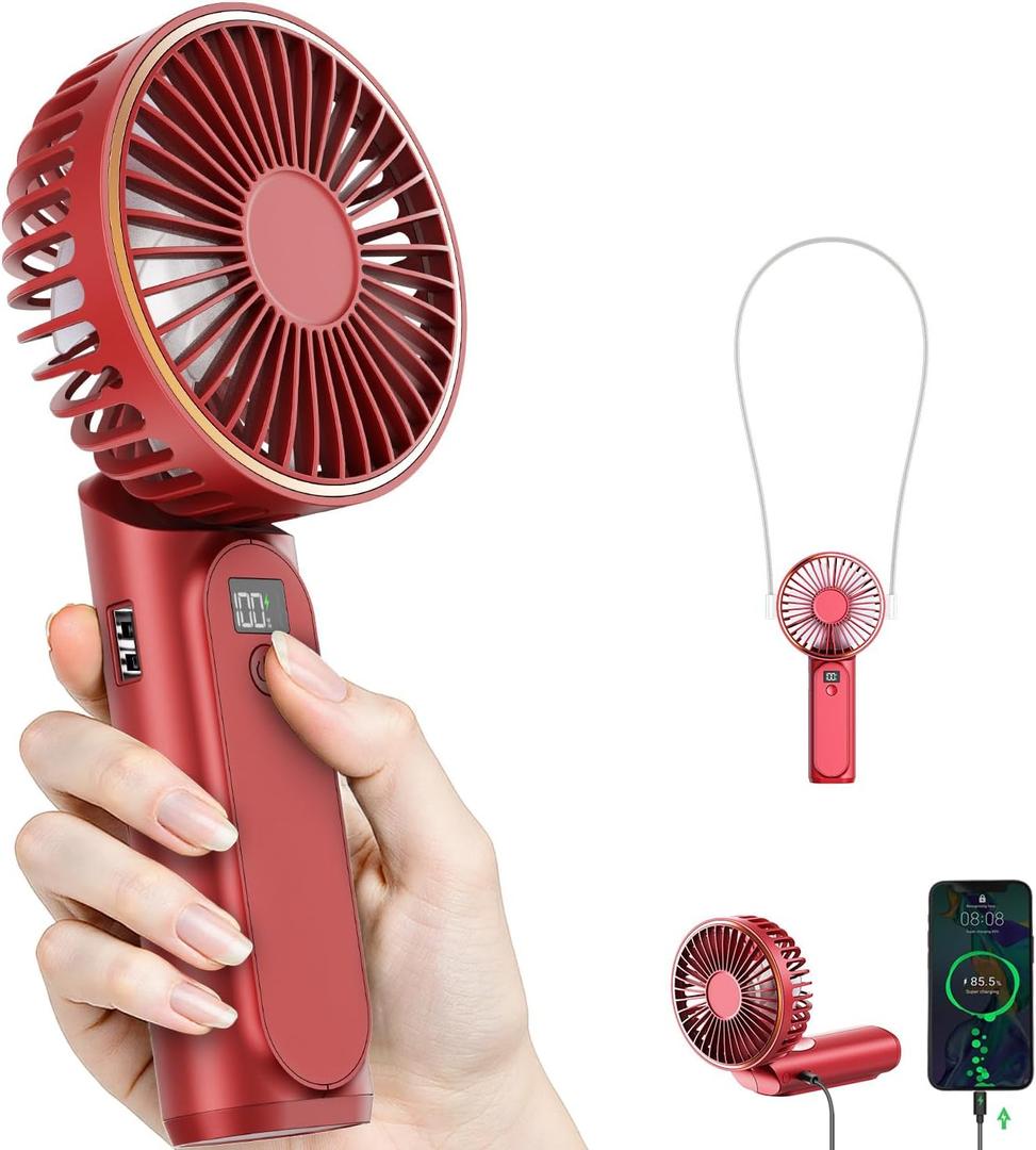 Portable Handheld Fan, 4000mAh, 180 Adjustable, 6 Speed Wind, Display Electricity in Real Time, USB Rechargeable Foldable Personal Fan (Red)