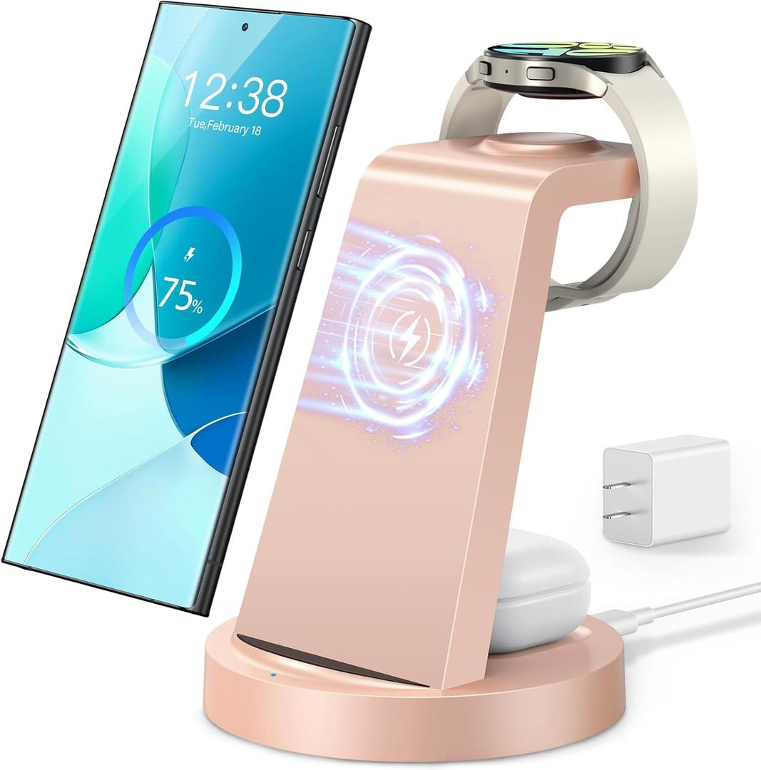 Wireless Charger for Samsung: 3 in 1 Wireless Charging Station for Samsung Galaxy Watch 8 7 6 5 4 3 Pro Classic Galaxy Buds - Charger Dock Stand for S25 S24 Ultra S23 S22 S21 Note Z Fold Android (Rose Gold)