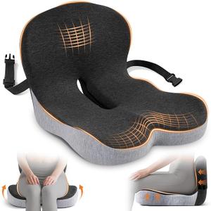 Seat Cushion, Office Chair Cushions for Tailbone Relief, Seat Cushions for Office Chair with LShaped Ergonomic Design & Adjustable Strap, Memory Foam Chair Cushion for Long Sitting Worker(Black Gray)