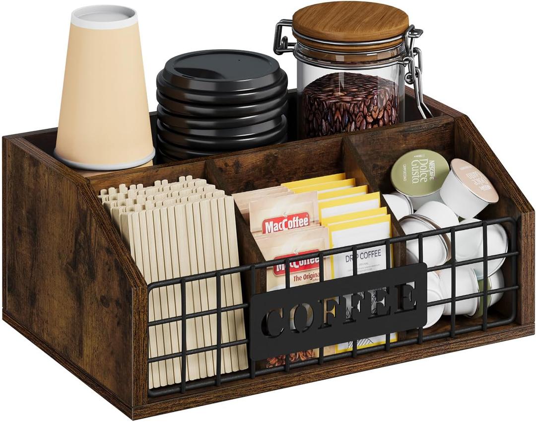 YINMIT Coffee Station Organizer for Countertop, Wood Coffee Bar Organizer with Removable Dividers for Pods, Syrup, Cups, Stirrer, Tea - Office Bar Accessories, Iron Wire-Vintage Brown (1 Tier)
