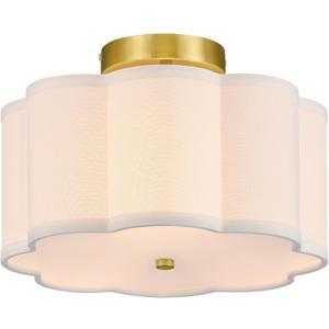 VONLUCE Semi Flush Mount Ceiling Light, 12.6" Ceiling Light Fixture with Flower-Shaped Fabric Shade, 3-Light Modern Light Fixture for Bedroom Living Room Nursery Hallway, White Shade & Gold Finish