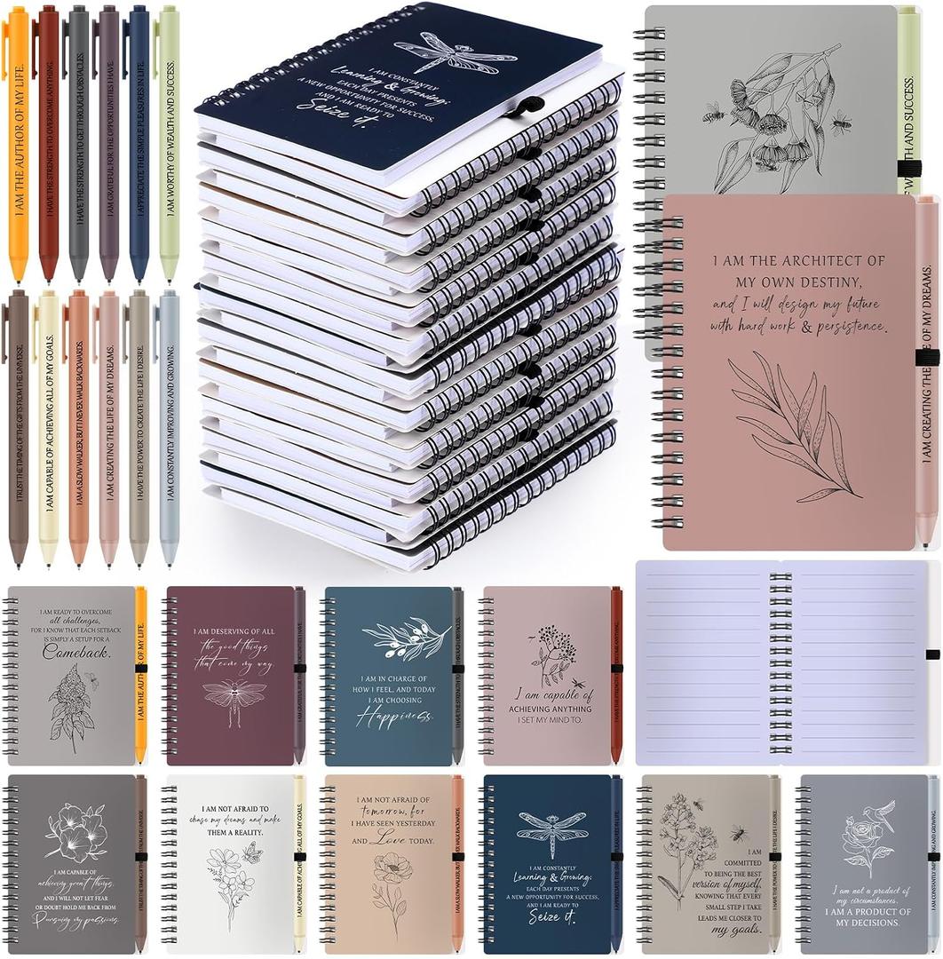 Kosiz 24 Pcs/12 Set Positive Affirmation Gifts Bulk for Women Men Gratitude Spiral Journals with Pens Motivational Notebooks Back to School Gifts for Students Employee Coworker Teacher Nurse (Simple)