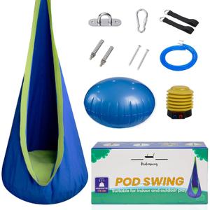 Kids Pod Swing Seat  Kids Hammock Chair with Pockets and Inflatable Pillow for Indoor & Outdoor  Indoor Swing for Kids with 176 lbs Capacity (Blue-green)