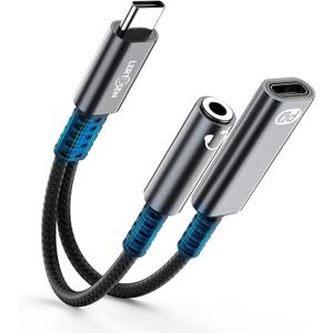 USB C to 3.5mm Headphone and Charger Adapter, 2-in-1 Type C to Aux Jack Audio Cable, PD 60W Fast Charging Dongle Splitter Cord for iPhone 17/16/15 Pro Max,Samsung S25/S24/S23,iPad Pro,Pixel (2 Port-Separate, Grey)