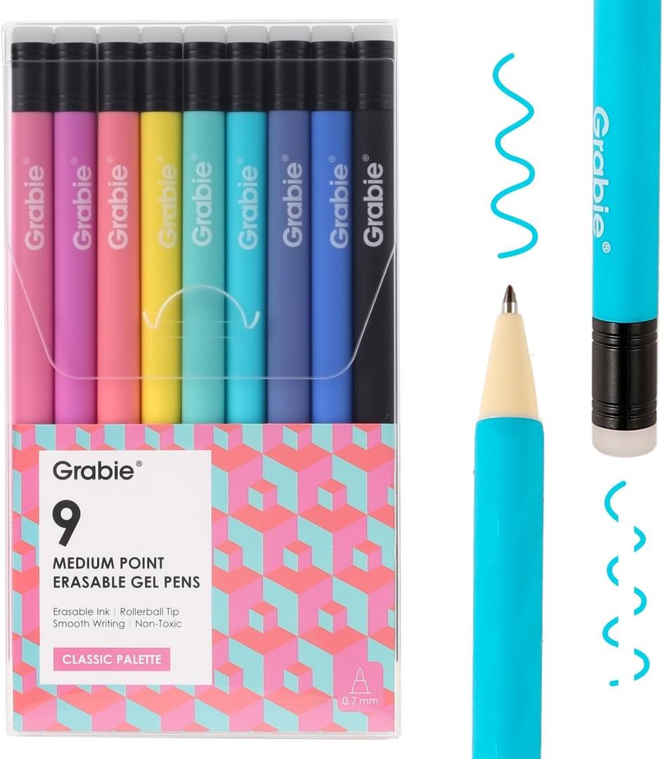 Grabie Erasable Gel Pens, 9 Colors Erasable Pens, Make Mistakes Disappear Colored Pens, Assorted Color Inks for Drawing Writing Planner, Gel Pens for Coloring