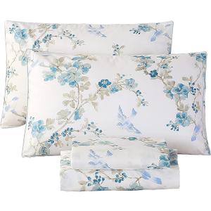 Luxury Sheets Set Queen Egyptian Percale Cotton Blue Floral Sheets Soft Smooth Breathable Bed Sheet Set with Deep Pocket (2Pcs, Queen Size, Blue Plum Bloosom)