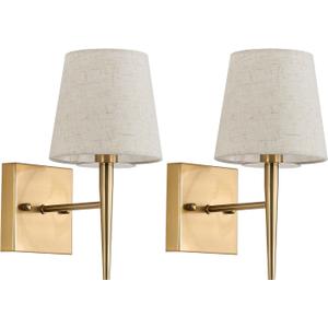 EFINEHOME Mid-Century Modern Wall Sconce with Beige Fabric Shade| 1-Light Antique Gold Indoor Wall Lamp Fixture| Hallway Bathroom Vanity Light Sconces Wall Lighting (Set of 2 Hardwire)