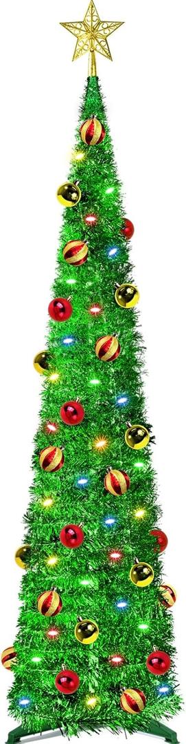 5 Ft Pop Up Tinsel Christmas Tree with Timer 60 Warm Multi Color Change Lights 25 Ball Ornaments 4 Modes 3D Star Battery Operated Artificial Xmas Tree Home Indoor Outdoor Decor (Green)