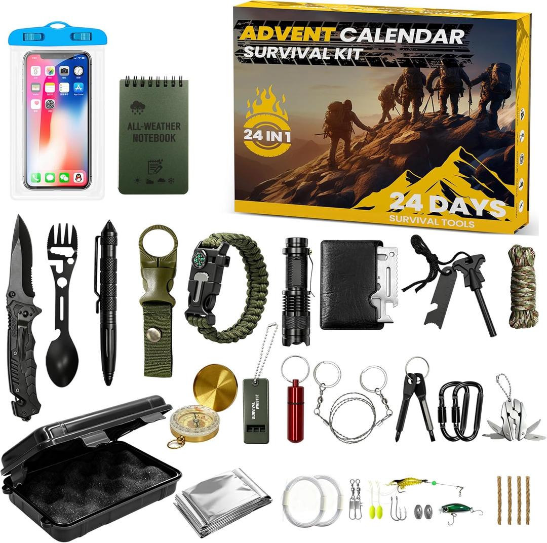 Cestluck Survival Kit Advent Calendar 2025, Survival Gears Gifts for Men Teen Adult Adventurers, Cool Gadgets for Outdoor Camping Fishing Hunting, Mens Gifts Outdoor Tools, 24 Day Christmas Countdown