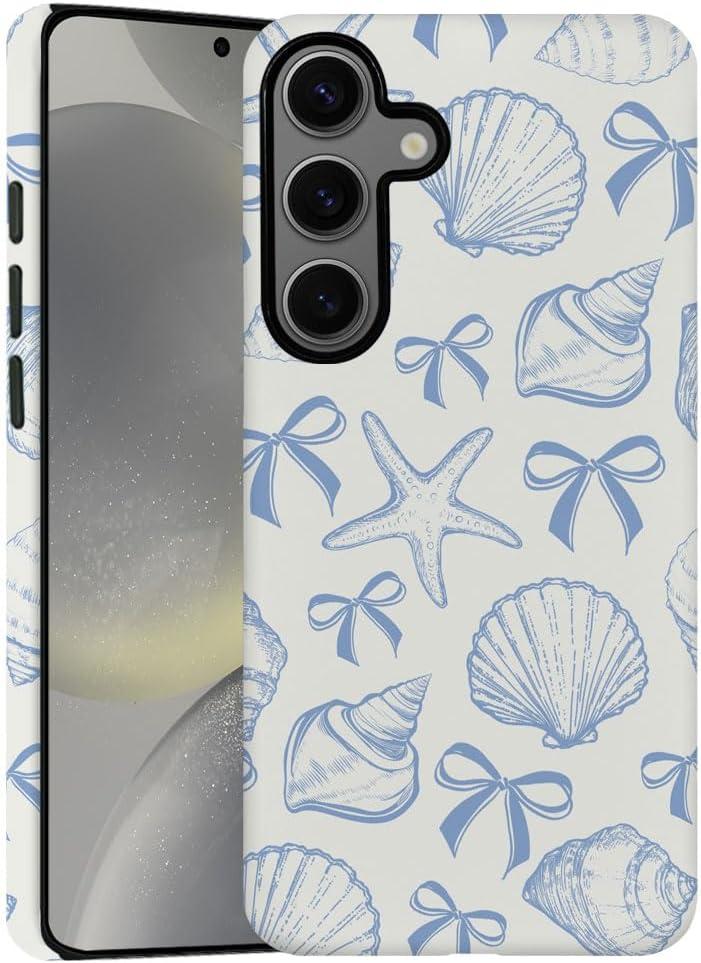 DAIZAG Case for Samsung Galaxy S24 Plus, Blue Seashell Bow Phone Case Durable Frosted Double-Layer Protection Cover for Women Girl