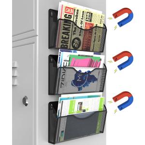 Magnetic File Holder 3PCS Wall File Folder Organizer, No Drilling Hanging Magazine Rack for Refrigerator, Document Paper Mail Folder Holders Office File Magnetic Organizer (Black)