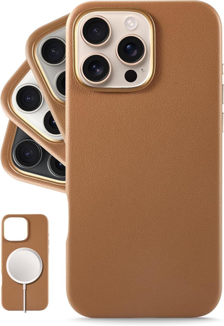 LONLI Classic Leather Phone Case for iPhone 16 Pro Max, Brown | European Genuine Vele Leather, Smoothen and Soften Over Time, Compatible with Magsafe