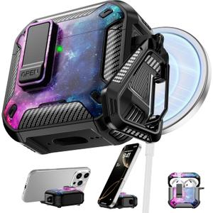 RFUNGUANGO Compatible with AirPods 4 Case, Magnetic Automatic Lock with Phone Holder & Cleaning Kit, Compatible with Magsafe, Back Magnetic Charging, Starry Sky
