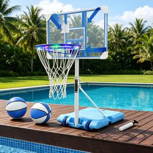 Pool Basketball Hoop Poolside,Portable Height Adjustable Basketball Goal with Wheels & Rust-Proof Coating LED Lighted Rim,2 Basketballs and Pump,Great for Pool,Garage,Indoor & Outdoor Court