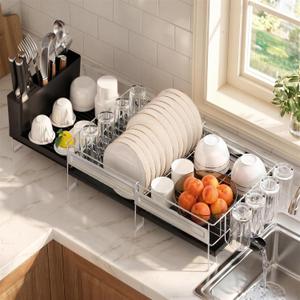 Delamu Large Dish Drying Rack, Stainless Steel Dish Racks for Kitchen Counter, Multifunctional Dish Drainer with Cutlery & Cup Holders, Extendable from 13.4 to 28.7 in, Black, 1-Tier