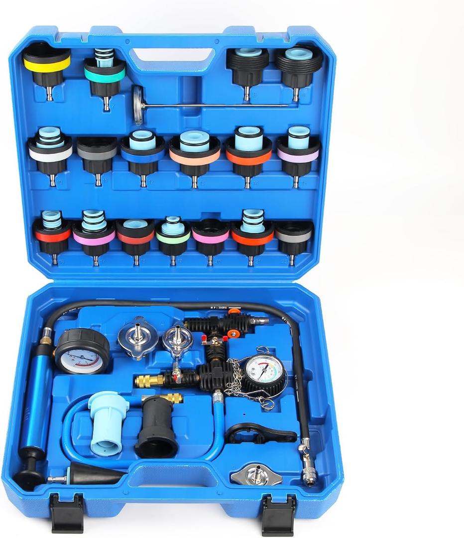 28PCS Radiator Pressure Tester Kit, Universal Coolant Pressure Tester and Vacuum Refill Tool with Adapters for Automotive Cooling System Leak Detection(Blue)