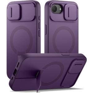 SURITCH for iPhone 17e/16e Case with Magnetic Camera Slide Cover and Adjustable Kickstand, Compatible with MagSafe, Shockproof Bumper Case Slim Protective Cover 6.1 Inch,Dark Purple
