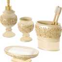 Creative Scents Shannon Beige Bathroom Accessories Set, 4-Piece Bathroom Set - Decorative Bathroom Accessory Set Features: Soap Dispenser, Toothbrush Holder, Tumbler and Soap Dish, Gift Packaged