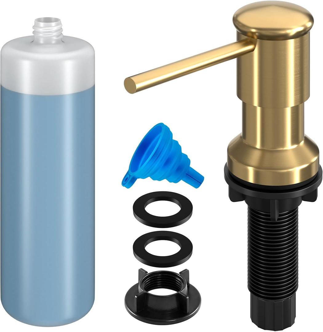 Dish Soap Dispenser, Kitchen Sink Soap Dispenser Pump with 17 OZ Bottle, Refill from The Top, Wide Pump Head Base (Golden)
