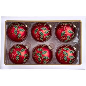 Kurt Adler 80MM Glass Red Berry and Holly Leaves 6-Piece Ball Ornament Set