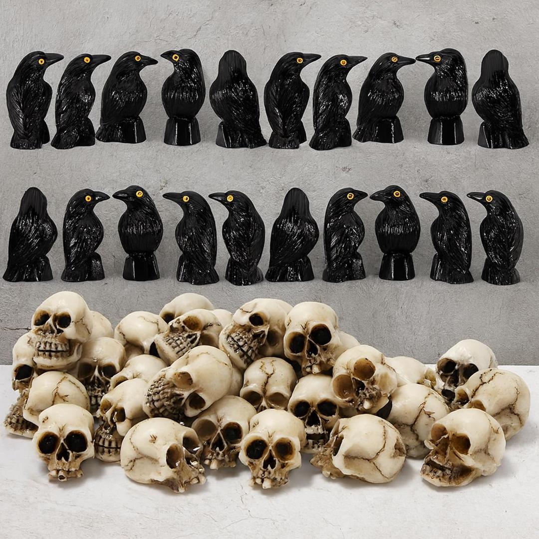 KatchOn Miniature Crows and Skulls  Pack of 40 | Halloween Decor Indoor, Outdoor | Halloween Decorations & Party Supplies | Skull Heads, Realistic Birds Decoration for Spooky Decor (Black & Brown)