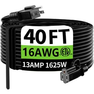HUANCHAIN Indoor Outdoor Black Extension Cord 40 ft Waterproof, 16/3 Gauge Flexible Cold-Resistant Appliance Extension Cord Outside, 13A 1625W 16AWG SJTW, 3 Prong Heavy Duty Electric Cord, ETL