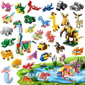 30 Packs Animal Party Favors for Kids, 999+ PCS Mini Building Blocks, 3 Styles Dinosaur/Sea/Forest 10-in-1 Models, Goodie Bag Fillers, Classroom Treasure Box Valentines Gifts for Kids