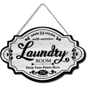 Jetec Vintage Wood Laundry Room Decor Hanging Wall Sign Door Sign Farmhouse Rustic Wall Art For Laundry Bathroom Restroom Washroom Home, 12 x 8 x 0.2 Inch(White)