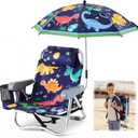 Yalikop Kids Beach Chair with 4 Positions Seaside Beach Chair with Umbrella Kids Folding Camping Seating for Boy Girls Children Sand Camping Travel Outdoor Summer Supply(Dinosaur Theme)