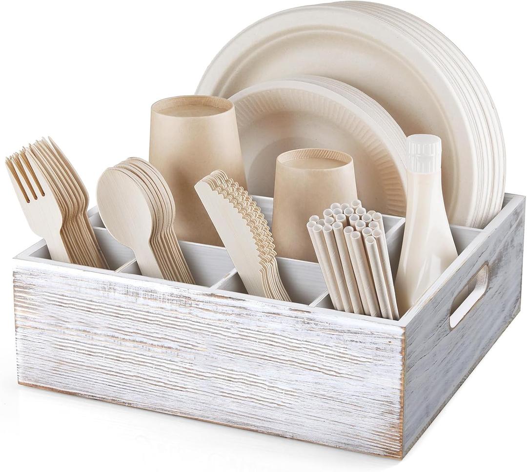 ALELION Rustic White Utensil Holder for Party - Paper Plate Organizer for Countertop - Silverware Caddy with 6 Compartments for Plate Cup Fork Spoon - Cutlery Holder for Camping Buffet
