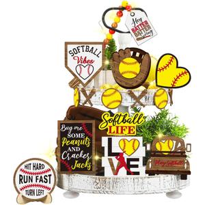 FairySandy 13 Pcs Softball Tiered Tray Decor Birthday Decorations Softball Wooden Table Decor Rustic Sport Game Sign for Fans Theme Supplies